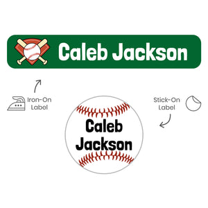 camp clothing name labels pack for kids baseball green