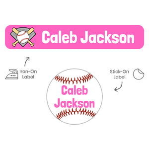 camp clothing name labels pack for kids baseball pink