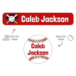camp clothing name labels pack for kids baseball red