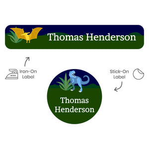 camp clothing labels pack dinosaurs dark green