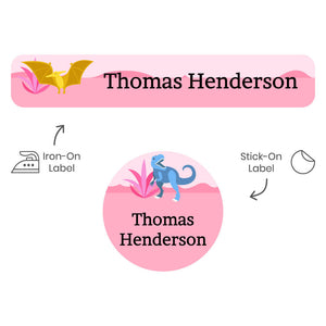 camp clothing labels pack dinosaurs pink