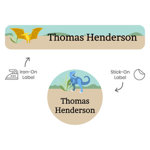 camp clothing labels pack dinosaurs tan