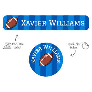 camp clothing name stickers for kids in football blue