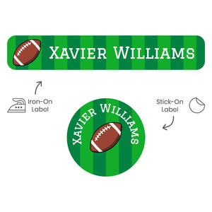 camp clothing name stickers for kids in football green