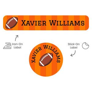 camp clothing name stickers for kids in football orange