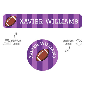 camp clothing name stickers for kids in football purple