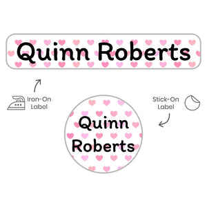 kids' camp clothing name labels in hearts pink