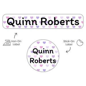 kids' camp clothing name labels in hearts purple