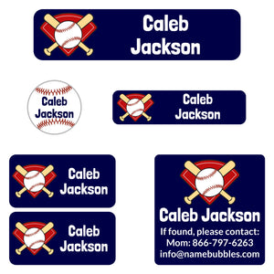 camp name labels pack for kids baseball dark blue