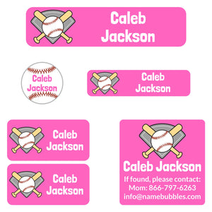 camp name labels pack for kids baseball pink