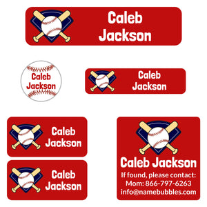 camp name labels pack for kids baseball red
