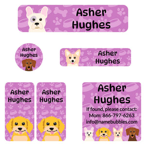 camp labels pack dogs purple