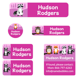 camp labels pack forest animals pink
