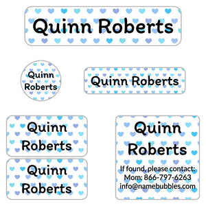 camp name labels for kids in hearts blue