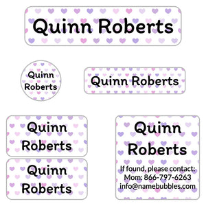 camp name labels for kids in hearts purple