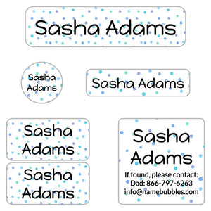 kids' name labels for camp in pom pom blue