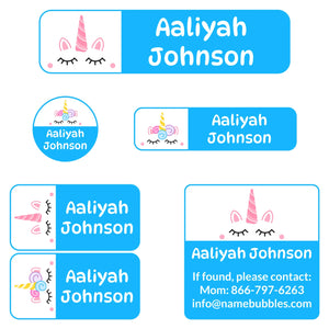 camp name labels for kids unicorn blue