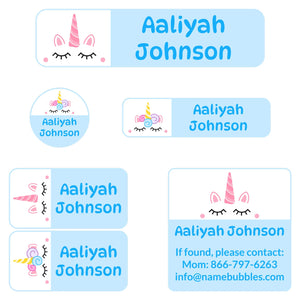 camp name labels for kids unicorn light blue