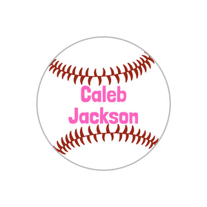 circle name stickers for kids baseball pink