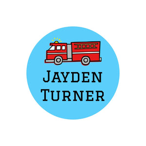 circle name labels for kids in fire truck blue