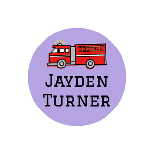 circle name labels for kids in fire truck purple