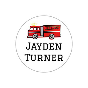 circle name labels for kids in fire truck white