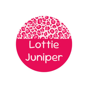 circle name labels leopard print pink