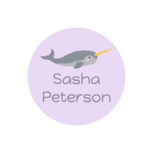 kids' circle dishwasher-safe labels in narwhal light purple