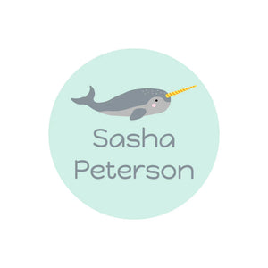 kids' circle dishwasher-safe labels in narwhal seafoam green
