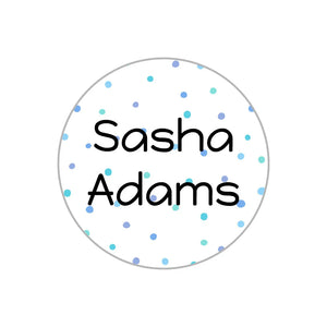 circle name stickers for kids in pom pom blue