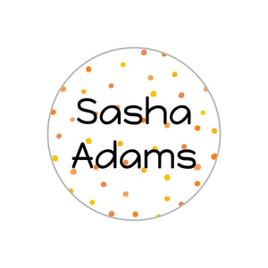 circle name stickers for kids in pom pom orange
