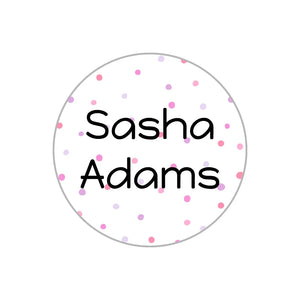 circle name stickers for kids in pom pom pink