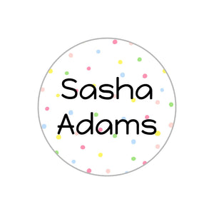 circle name stickers for kids in pom pom rainbow