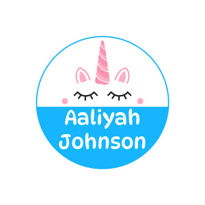 circle name labels for kids unicorn blue