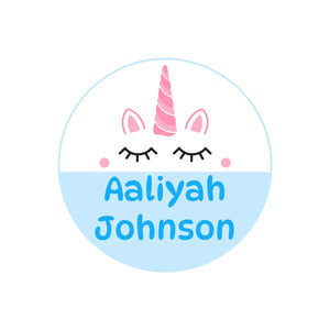 circle name labels for kids unicorn light blue