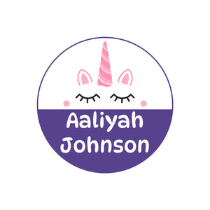 circle name labels for kids unicorn purple