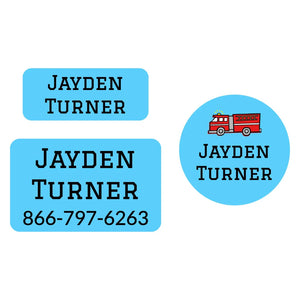 clothing labels pack for kids in fire truck blue