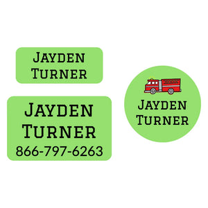 clothing labels pack for kids in fire truck green