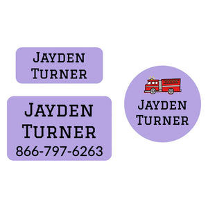 clothing labels pack for kids in fire truck purple