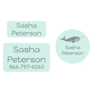 kids' clothing labels combo pack in narwhal seafoam green