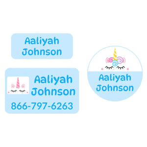 clothing name labels bundle for kids unicorn light blue