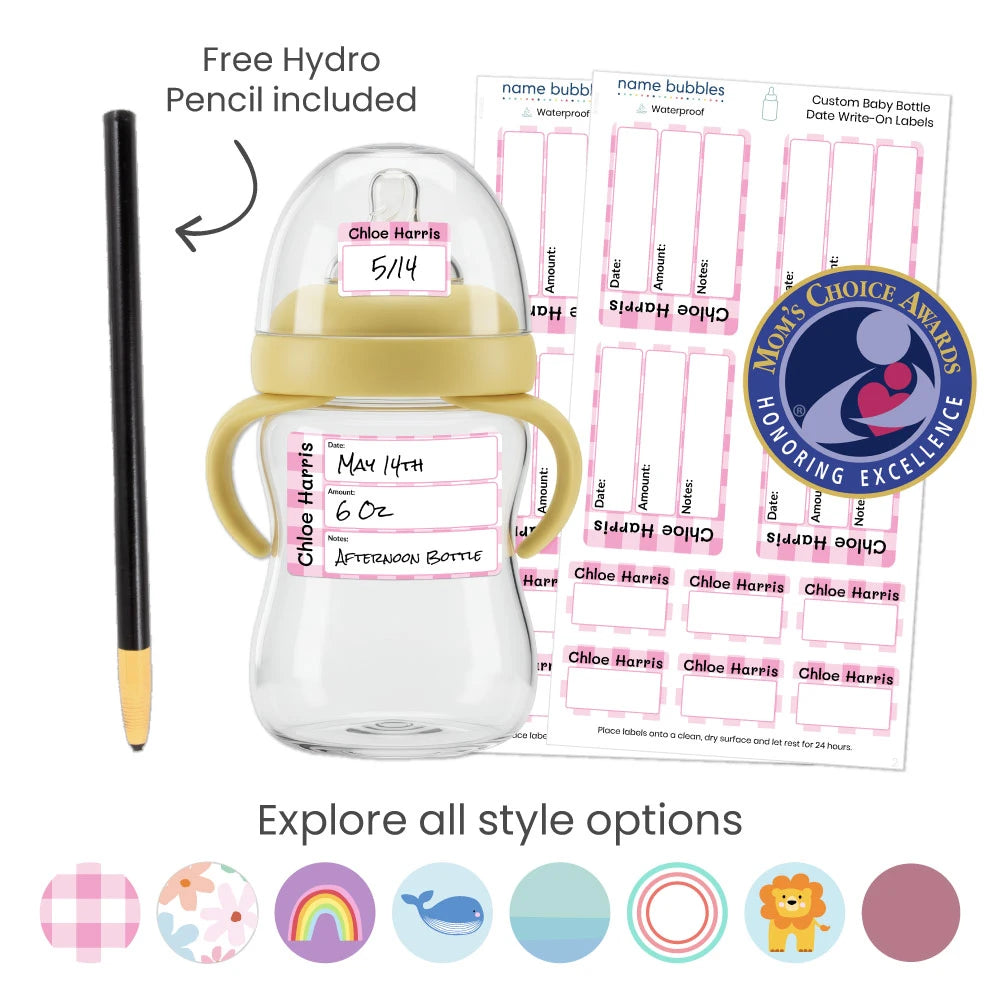 Personalized baby bottle labels with write-on spaces for date, contents and notes