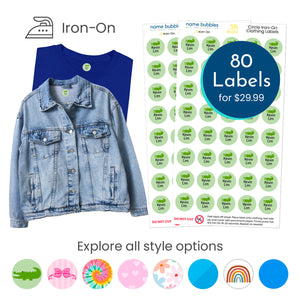 Custom circle iron-on clothing labels from Name Bubbles