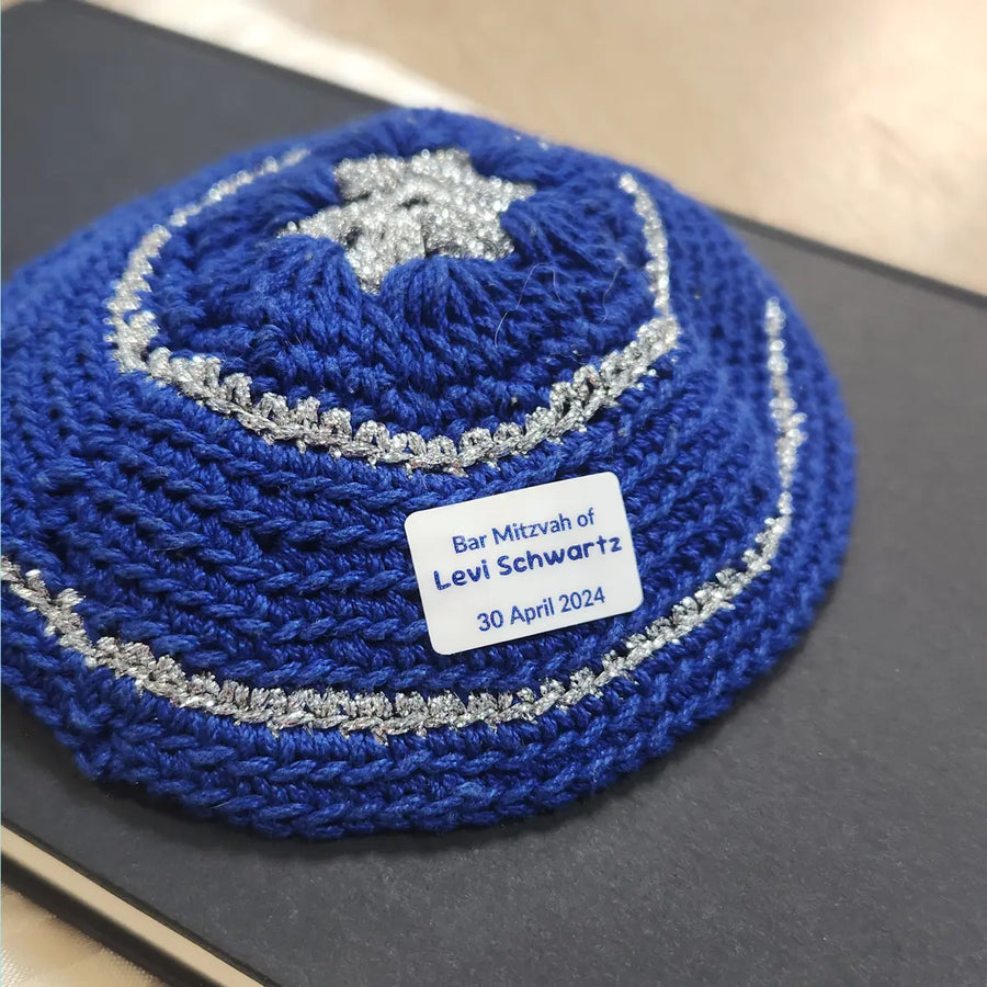 Rectangle Name Label on a Blue Yarmulke