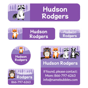 day camp labels pack forest animals purple