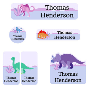daycare labels pack dinosaurs purple