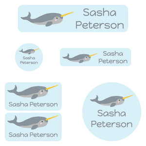 daycare name labels for kids in narwhal light blue