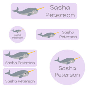 daycare name labels for kids in narwhal light purple