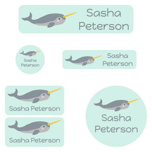 daycare name labels for kids in narwhal seafoam green