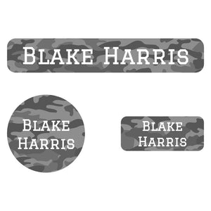 camo gray iron-on clothing labels pack